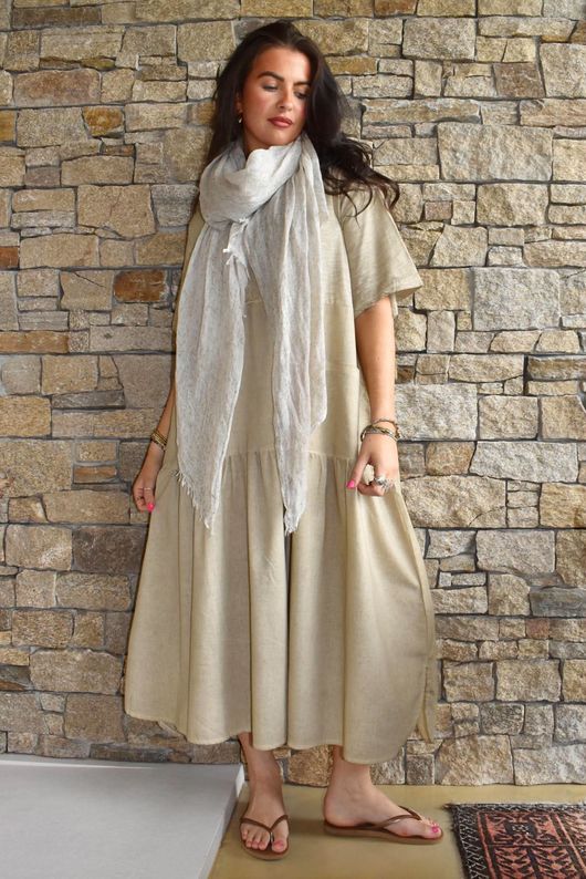 Rustic Nature Linen Blend Smock T Shirt Dress Washed Cedar